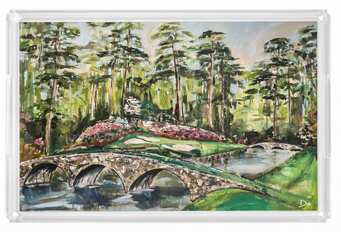 Acrylic tray for home decor with painting inspired from the Augusta National Golf Course at the Masters Golf Tournament by artist, Laura Duke. Masters home decor.