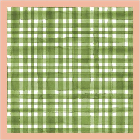 Fairway Green Plaid with Peach Boarder Linen Cotton Dinner Napkins