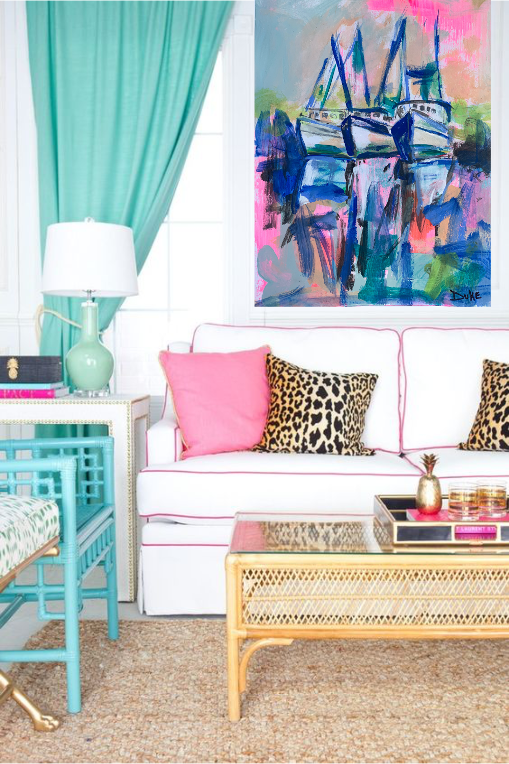 Charleston Docks painting by Laura Duke of boats in Charleston, SC. Colorful painting - blue, pink, green boat art. Society Social furniture