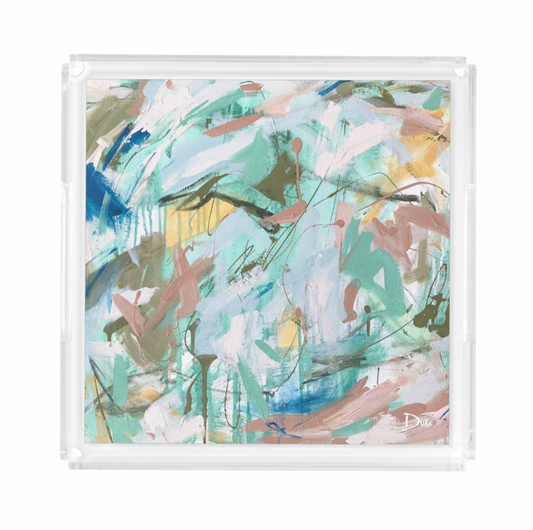 Acrylic tray with abstract painting for modern home decor and interior design.
