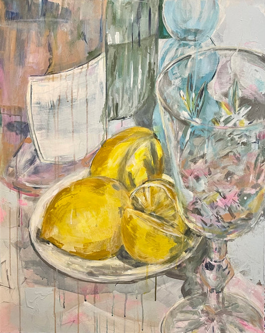 still life painting of lemons and rosé capri
