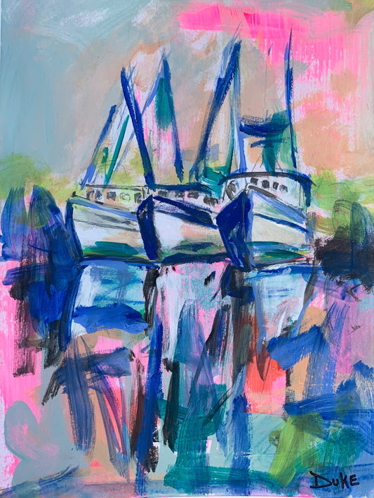 Vibrant art print of boats docked in Charleston, SC. blue, pink, green art. bright art