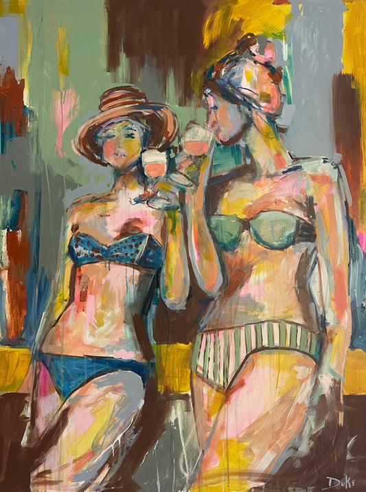 painting of girls drinking wine on the beach, beach babes