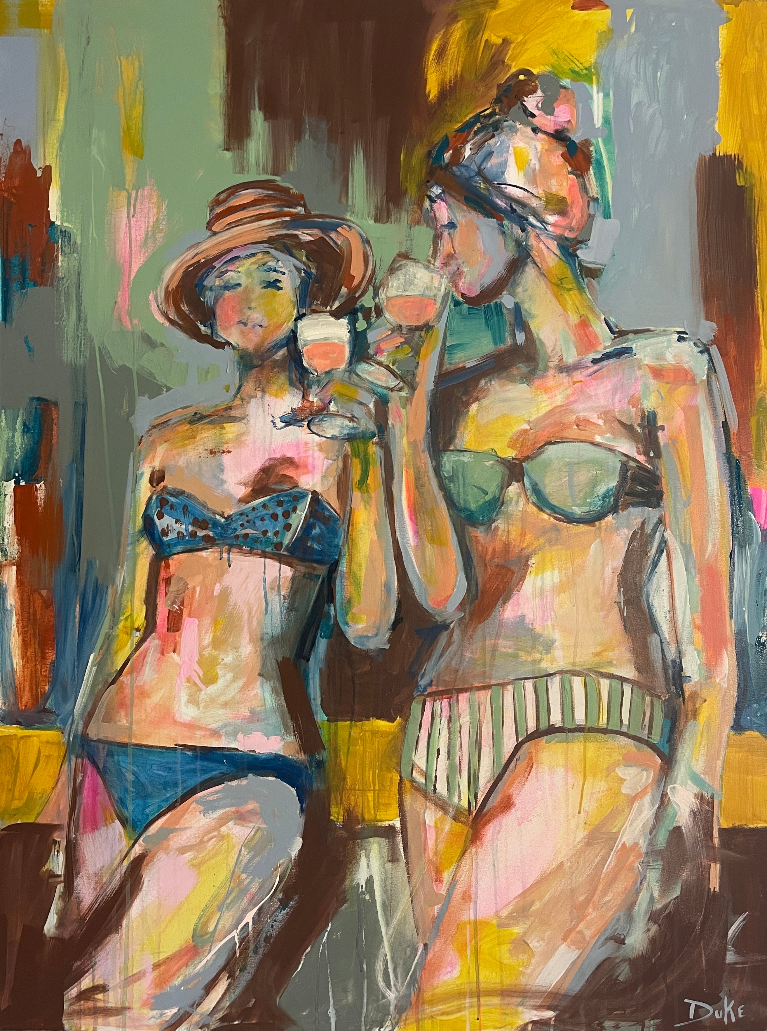 painting of girls drinking wine on the beach, beach babes