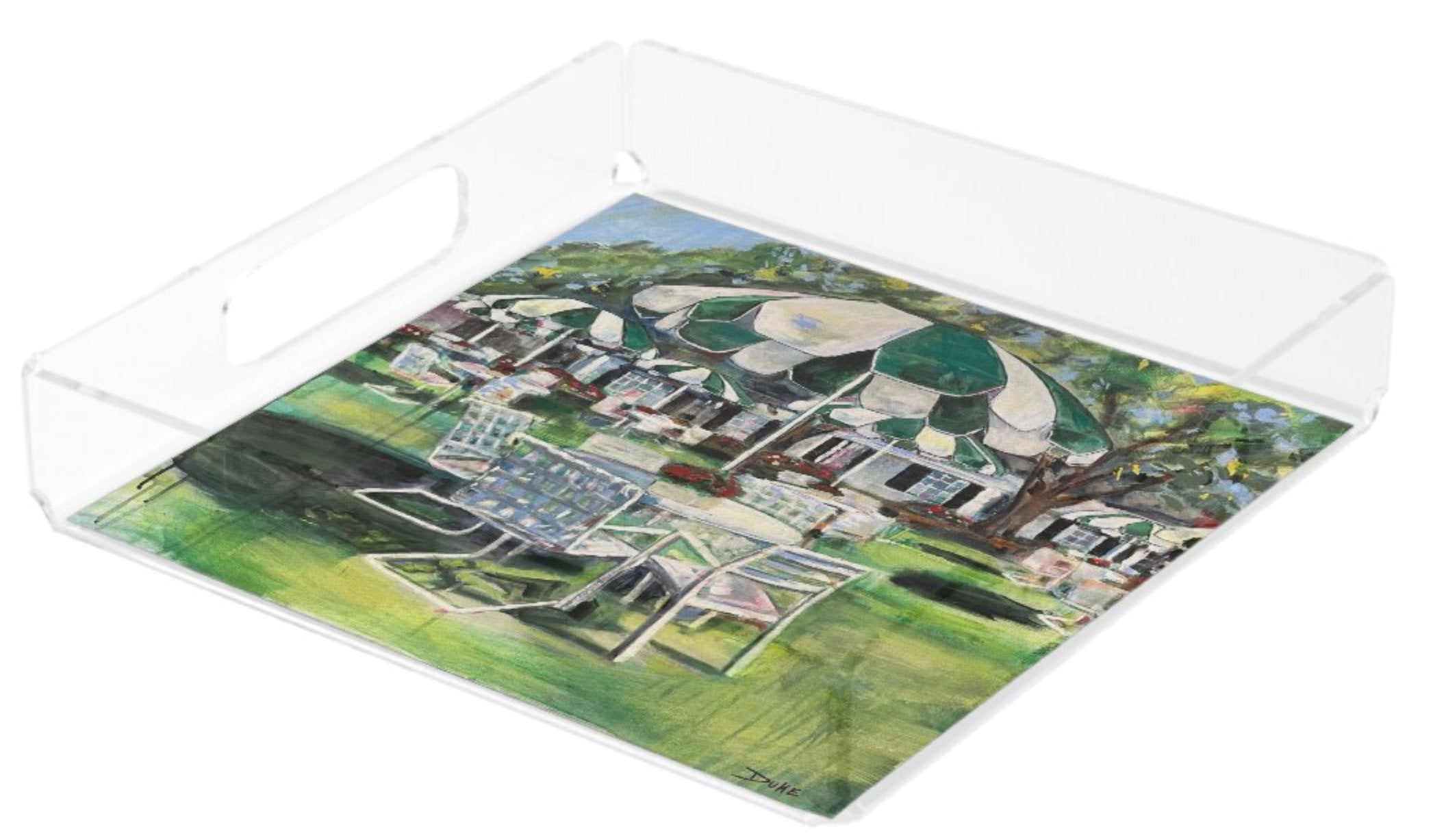Colorful umbrella acrylic tray for home décor inspired by the Augusta National golf course and the Masters Tournament. Fine art golf collectible tray that makes a unique gift for golfers, golf fans, or Masters week entertaining in Augusta, Georgia