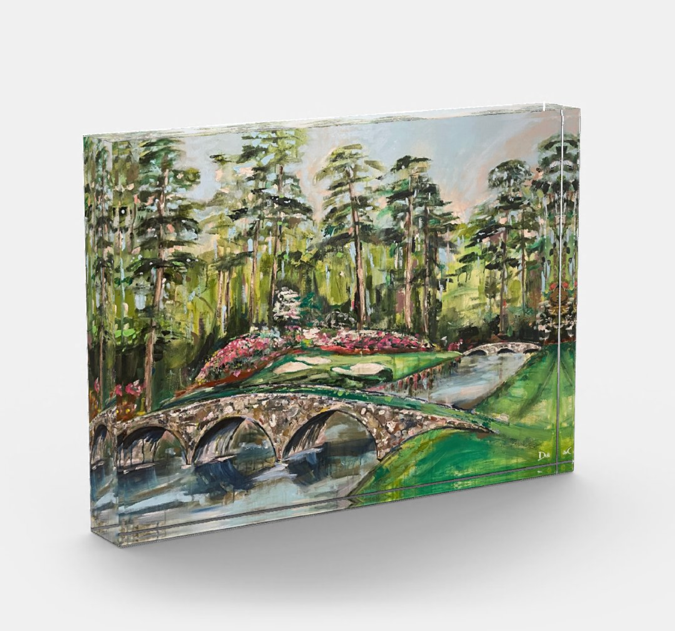 Colorful rendition of Amen Corner acrylic tray for home décor inspired by the Augusta National golf course and the Masters Tournament. Fine art golf collectible tray that makes a unique gift for golfers, golf fans, or Masters week entertaining in Augusta, Georgia