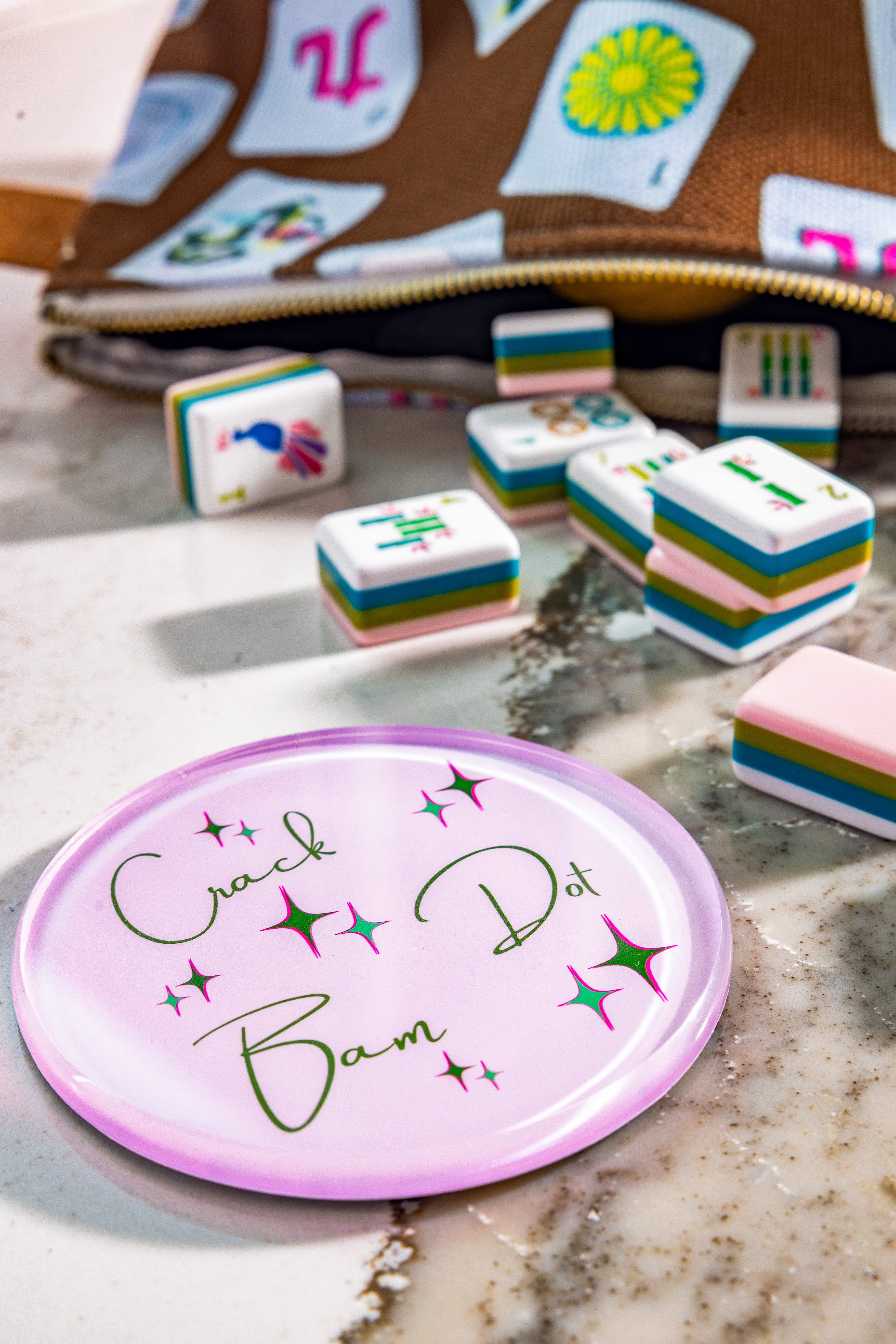 Acrylic coaster set for Mahjong by artist Laura Duke. 