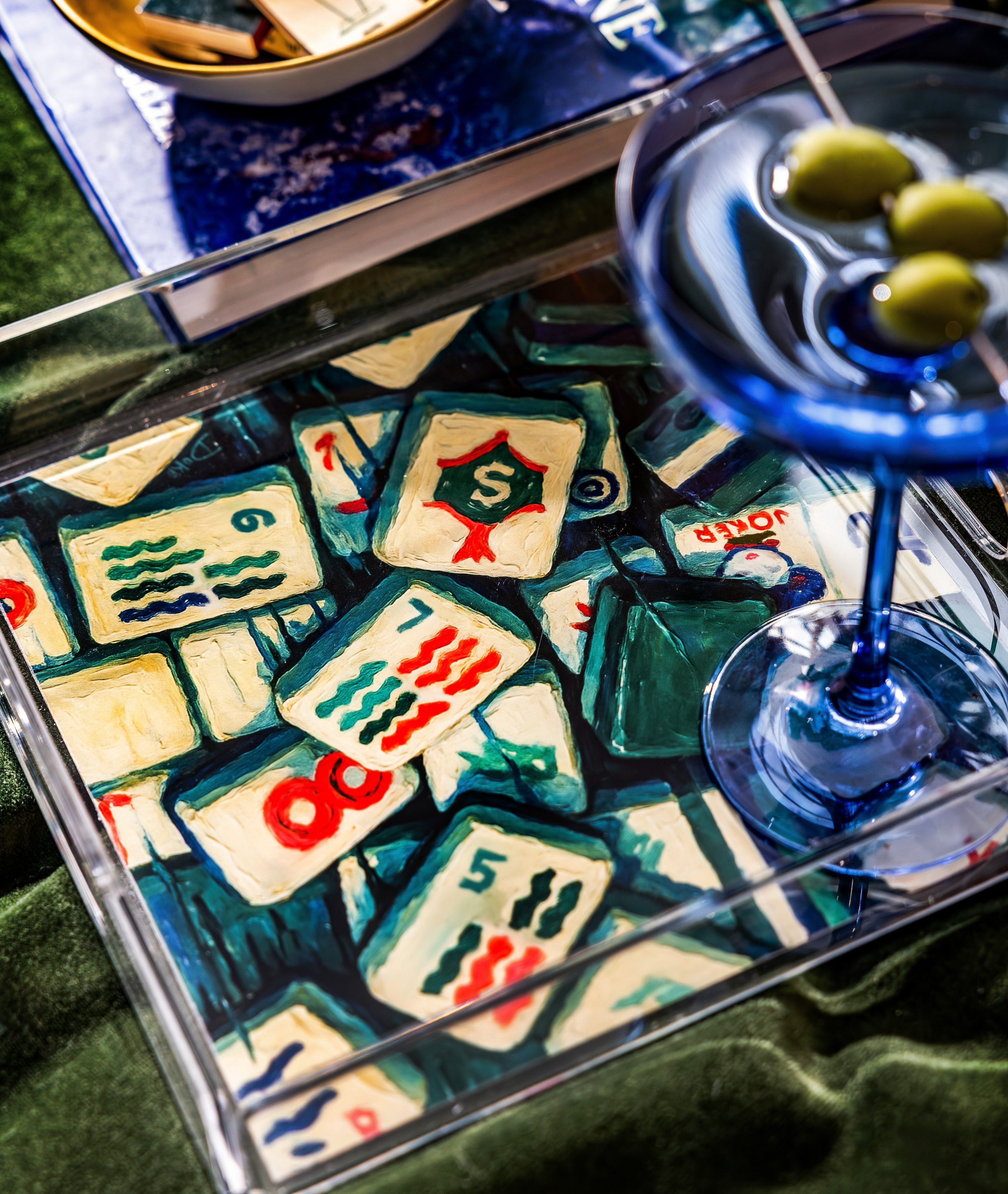 Shop stylish Mahjong accessories – acrylic trays, coasters, linen napkins & tile bag holders. Perfect gifts for Mahjong lovers & game nights.