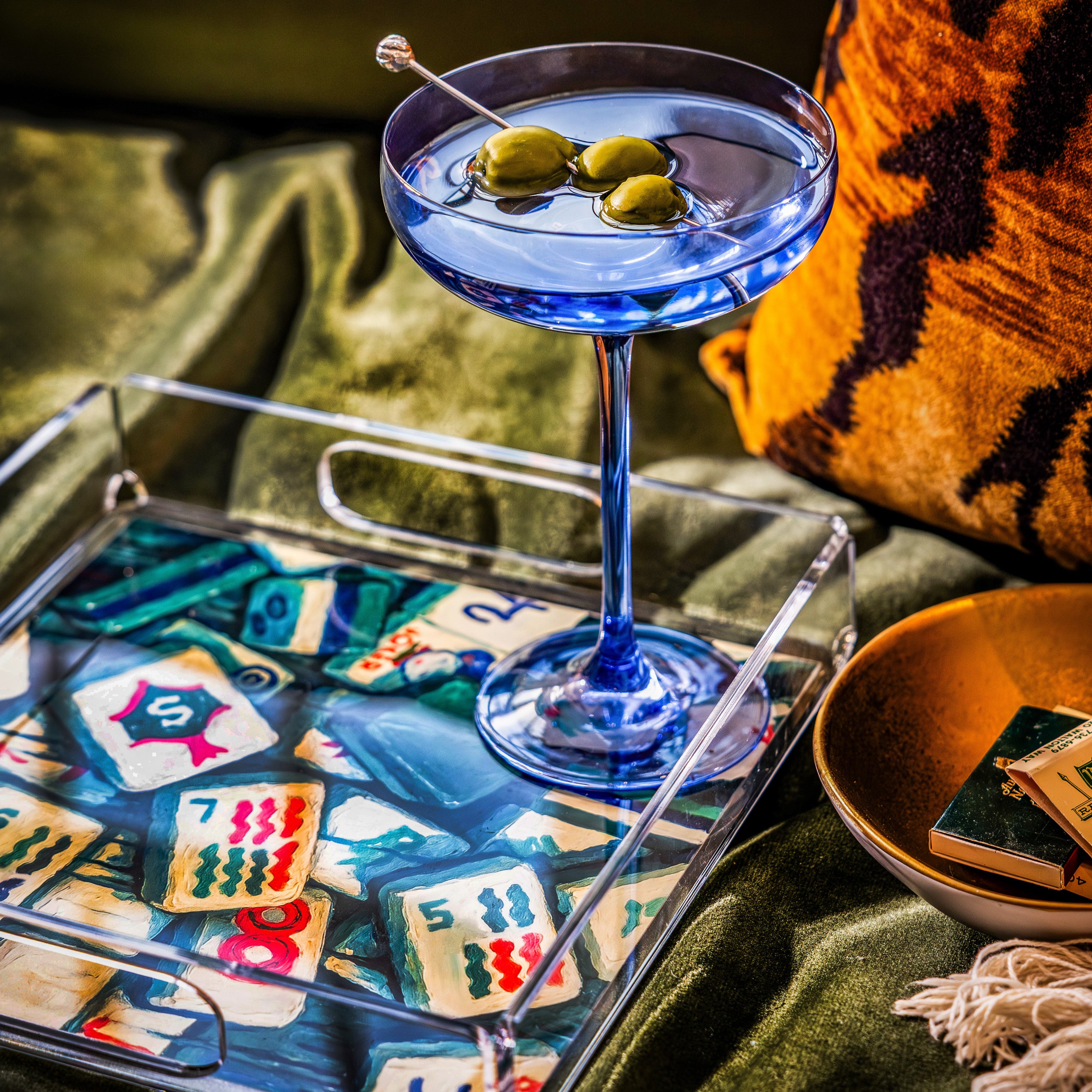 Mahjong tile painted acrylic tray with martini glass. Shop stylish Mahjong accessories – acrylic trays, coasters, linen napkins & tile bag holders. Perfect gifts for Mahjong lovers & game nights.