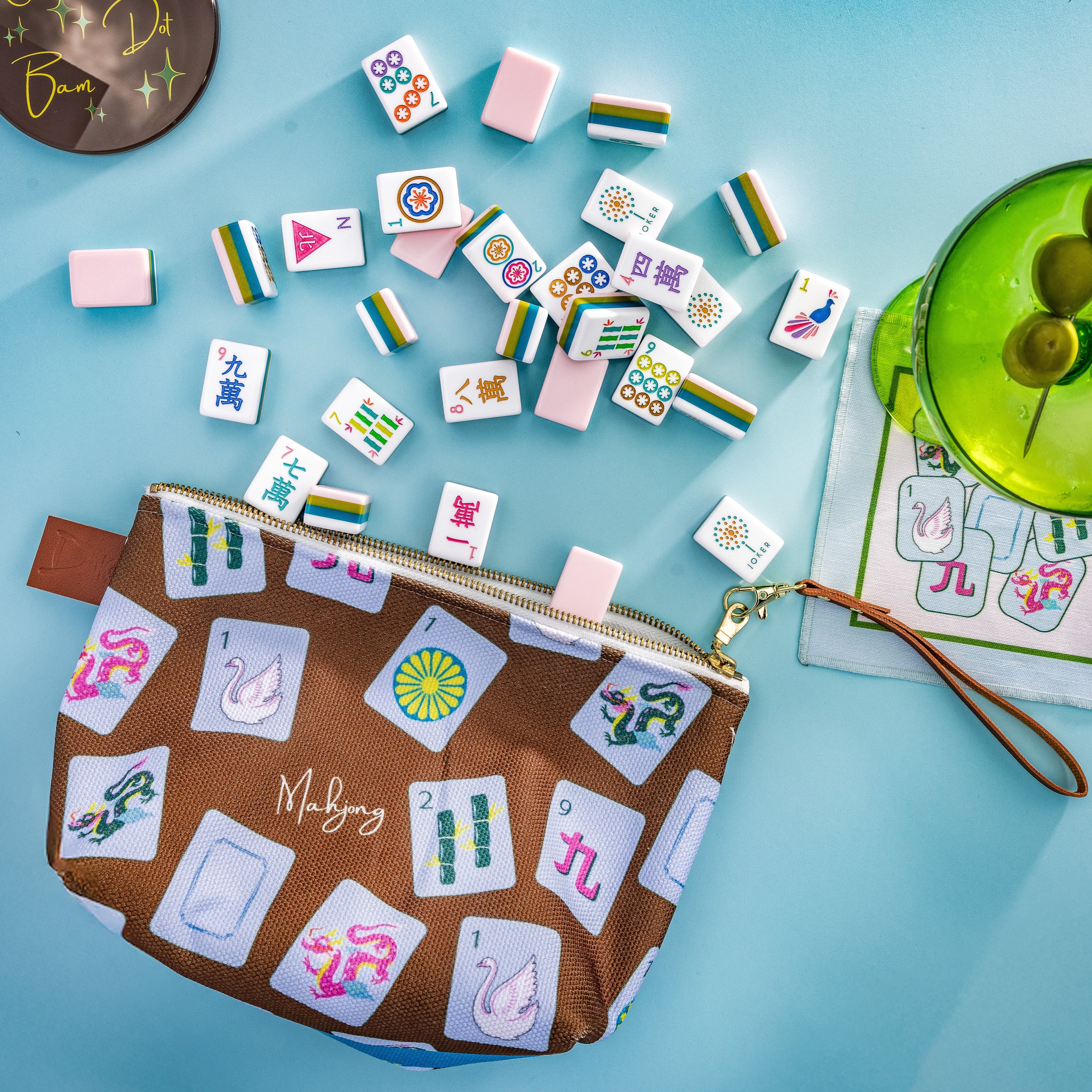 Stylish Mahjong accessories and décor – acrylic trays, coasters, cocktail napkins, and Mahjong tile bag holder by Laura Duke Fine Art. 
