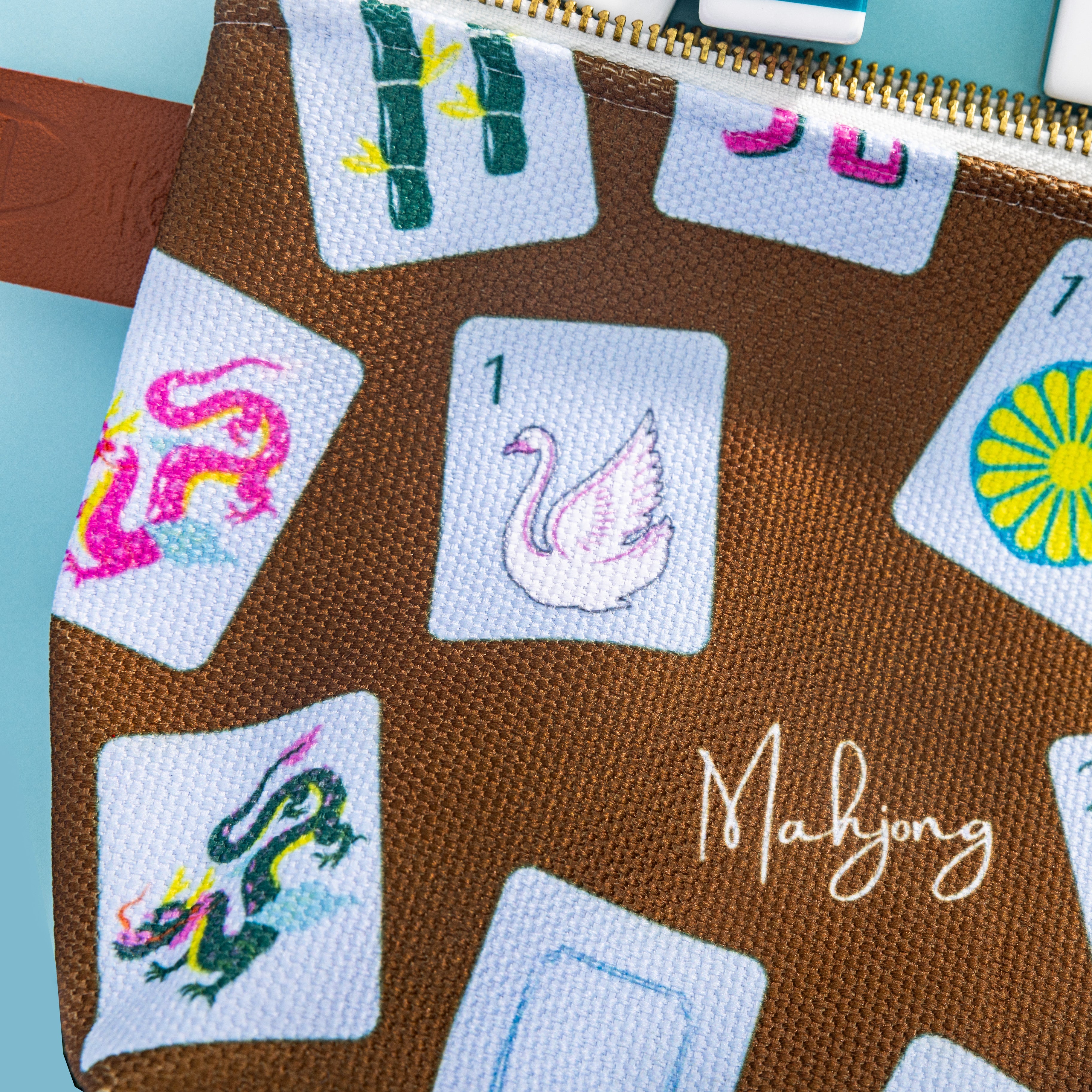 Close up of mahjong tile bag. Chic Mahjong tile bag holder – unique Mahjong gift and stylish game table accessory