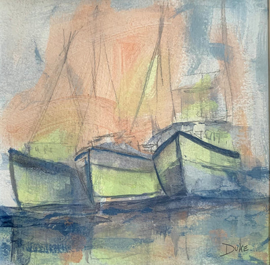 original painting of boats in a marina on paper by Laura Duke. yellow, blue, peach, navy blue