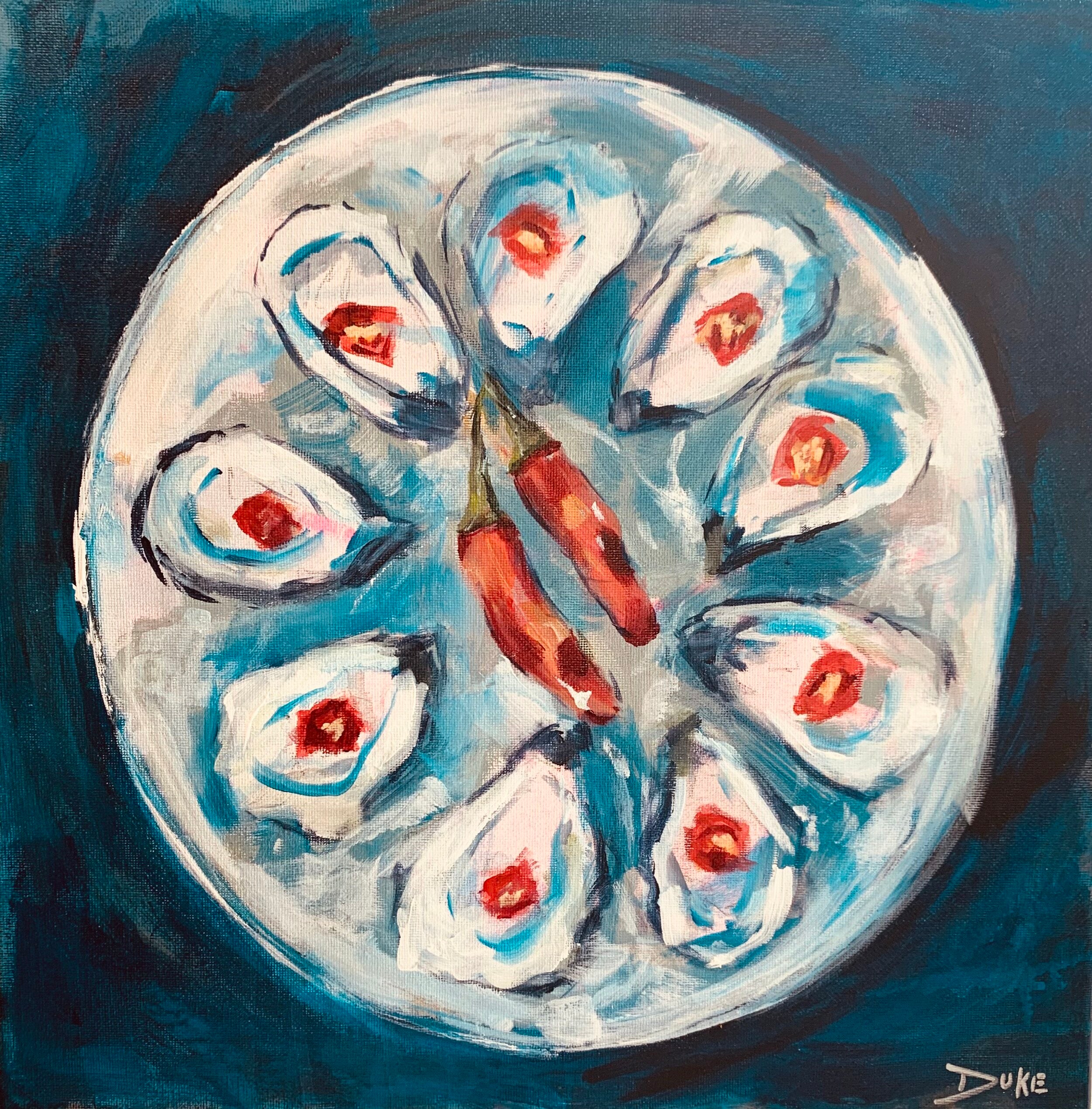 painting of a dozen oysters with peppers