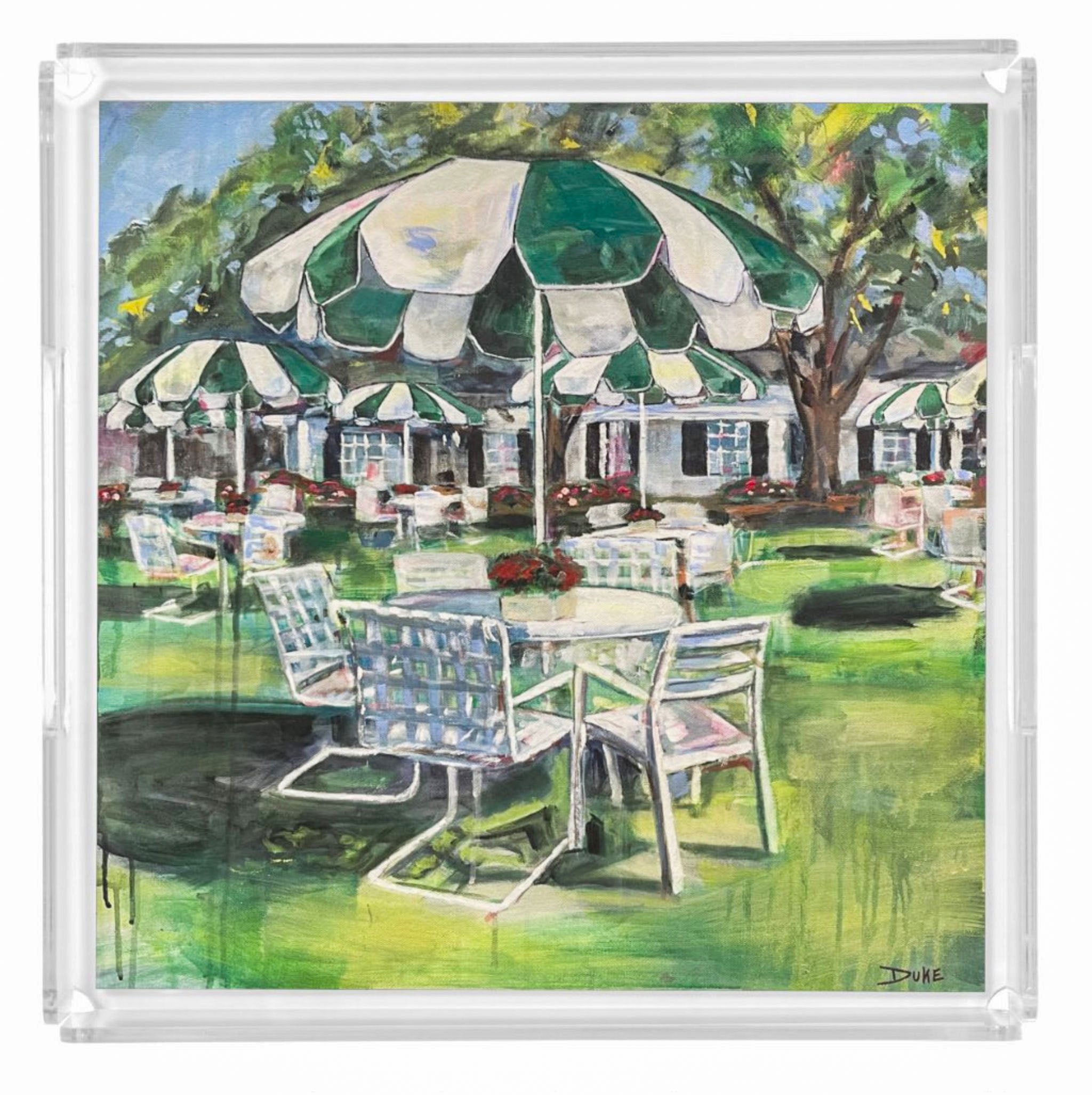Colorful umbrella acrylic tray for home décor inspired by the Augusta National golf course and the Masters Tournament. Fine art golf collectible tray that makes a unique gift for golfers, golf fans, or Masters week entertaining in Augusta, Georgia